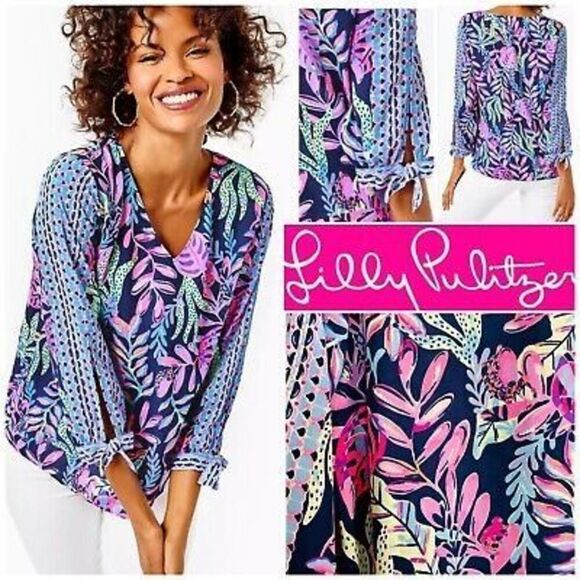 NWT Lilly Pulitzer Pamala Top Oyster Bay Navy You’ve Been Spotted XS - Picture 2 of 8